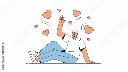 Illustration of a happy man surrounded by floating hearts, conveying love and positivity