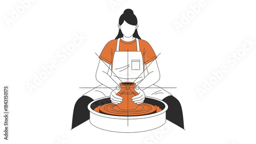Woman creating pottery on a spinning wheel in a minimalist illustration style