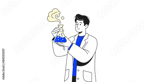 Illustration of a scientist conducting an experiment with a beaker and smoke vector art