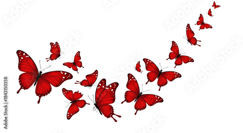 A graceful flock of vibrant red butterflies digitally rendered as a vector graphic, soaring elegantly in a curved path against a clean white background.