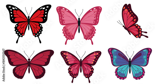 Six colorful butterflies in various shades of red, pink, and blue, depicted with intricate wing patterns.