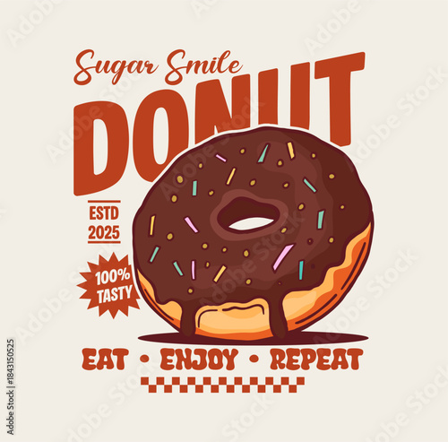 Donut illustration featuring a delicious chocolate donut with glaze and sprinkles, perfect for T-shirt design, streetwear, sticker, poster, and food-themed artwork