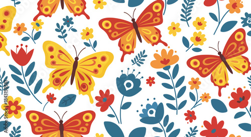 A vibrant seamless pattern featuring colorful butterflies and charming stylized flowers, perfect for spring and summer designs, presented in a cheerful vector style.