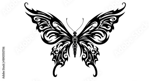 An elegant black tribal butterfly illustration with intricate decorative wing patterns, rendered as a scalable vector graphic for versatile design projects.