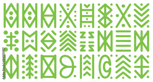 Collection of Green Geometric Symbols and Shapes on White Background vector illustration