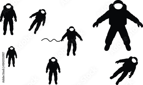 Astronaut silhouette collection floating in space vector illustration set, spaceman poses isolated on white background, science fiction exploration concept