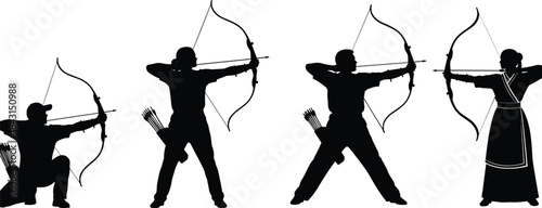 Archer silhouette collection, traditional bow and arrow shooting poses, male and female archery figures, isolated black vector illustration set