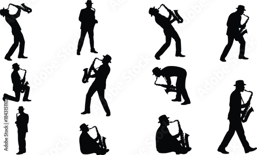 Jazz saxophone player silhouette collection vector illustration set isolated on white background, musician poses, live music performance design elements