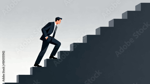 This illustration depicts a business professional striding up a tall staircase, symbolizing determined career advancement, upward business growth, and ambitious progress.