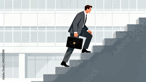 This illustration depicts a business professional striding up a tall staircase, symbolizing determined career advancement, upward business growth, and ambitious progress.