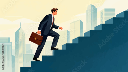 This illustration depicts a business professional striding up a tall staircase, symbolizing determined career advancement, upward business growth, and ambitious progress.