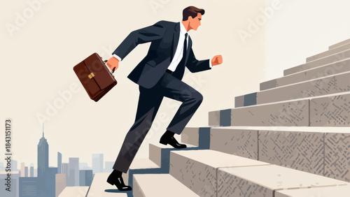 This illustration depicts a business professional striding up a tall staircase, symbolizing determined career advancement, upward business growth, and ambitious progress.