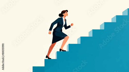 This illustration depicts a business professional striding up a tall staircase, symbolizing determined career advancement, upward business growth, and ambitious progress.