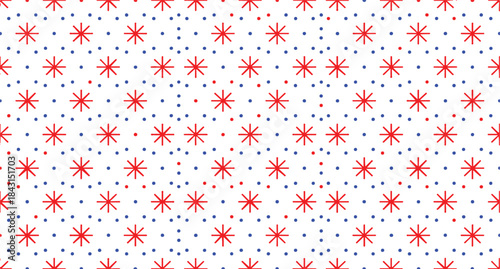 Festive Pattern of Red Starbursts and Blue Dots on White Background asterisk snowflake