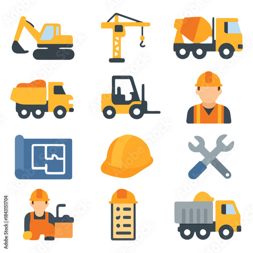 Construction Icons and Elements: A colorful compilation of essential construction equipment and tools, representing the building industry. Perfect for illustrating design, construction.