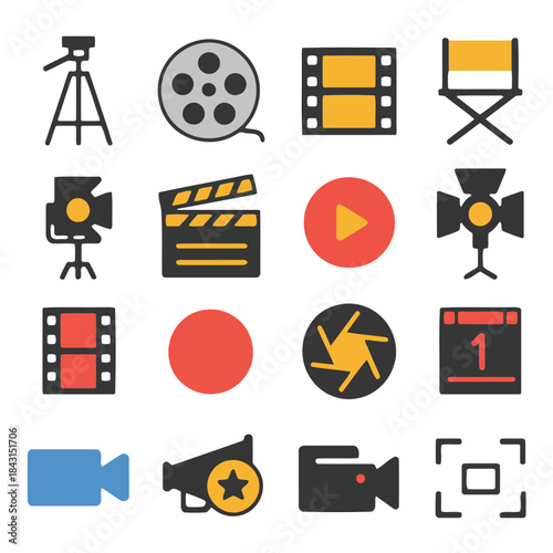 Cinema Icons: A comprehensive set of cinema icons including film reel, film strip, camera, clapper board, tripod, chair, microphone, spotlight, and more, ready for your creative projects.