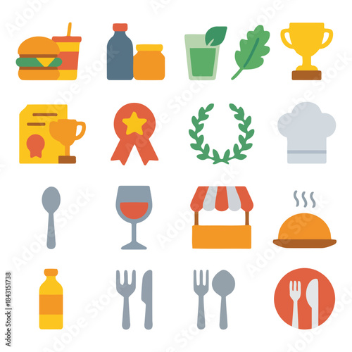 Food and Culinary Icons Collection: A colorful collection of icons representing various aspects of the culinary world, with focus on food and dining elements.