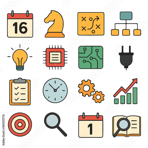 Iconic Business and Strategy Elements: A vibrant assortment of icons represents the diverse facets of business strategy, including project management, innovation, and technological advancement.