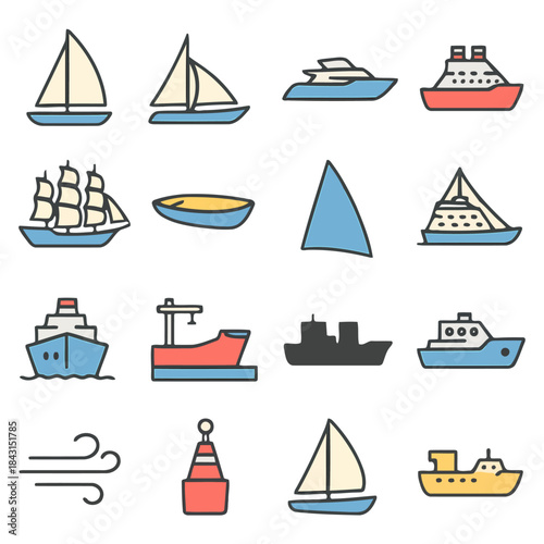 Assorted Vessels: An illustration showcasing a variety of watercraft, each poised to embark on nautical journeys across the sea.