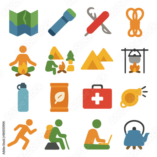 Camping Essentials Icons: A collection of vibrant icons depicts the essential equipment and activities associated with outdoor camping adventures.