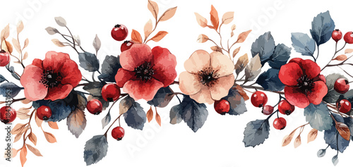 Vibrant red poppy flowers and ripe currants dance in the wind against a bright sky, decorated with festive holly leaves and seasonal berry branches for a natural holiday touch