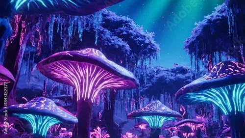 Bioluminescent mushrooms illuminate a fantastical forest
