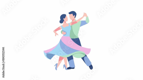 Couple dancing ballroom elegantly in formal attire.