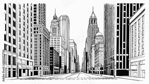 Manhattan Cityscape Street View Black and White Illustration.