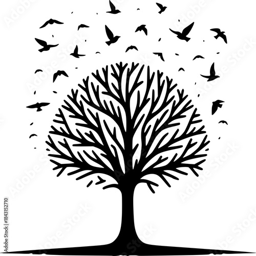 Nature's Embrace: a stylized tree silhouetted against a sky, a symbol of life, growth, and the open sky with birds taking flight.