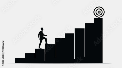 Silhouette of a person climbing stairs towards a target.