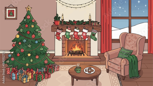 Cozy Christmas Living Room Scene with Decorated Tree and Fireplace.