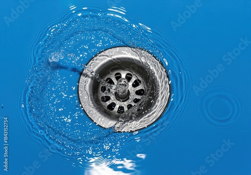 Dynamic overhead shot of water flowing into a gleaming metal drain on a vibrant blue surface