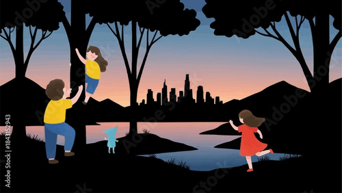 Children playing outdoors at dusk with city skyline in background.