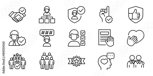 Modern vector line icons for business success, partnership, quality assurance, team achievement, and professional growth concepts