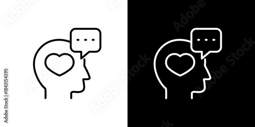 Abstract icon of a head with heart and speech bubble, representing emotional intelligence, empathy, and communicating feelings