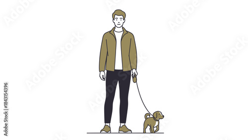 Man walking his dog on a leash in a minimalist linear vector illustration
