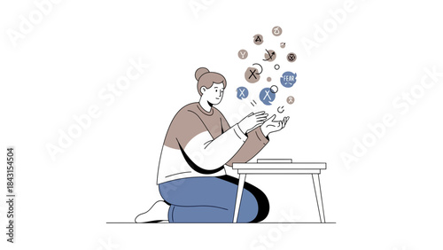 Illustration of a woman sorting thoughts and emotions in a minimalist style