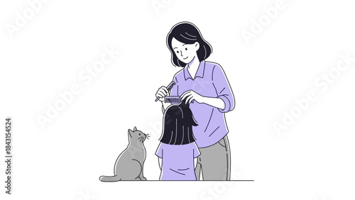 Mother Combing Her Daughter's Hair While a Cat Observes a Pure White Background