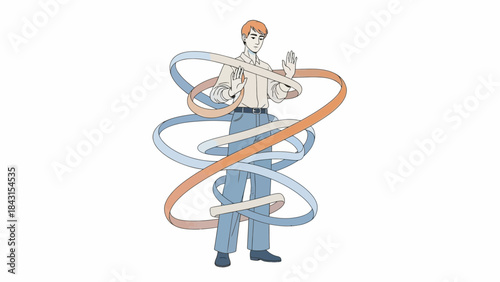 Illustration of a man interacting with spiraling ribbons on a white background design