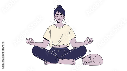 Illustration of a person meditating with a cat representing relaxation and well-being