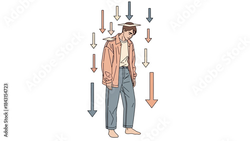 Illustration depicting a person with downward arrows symbolizing pressure and stress on white