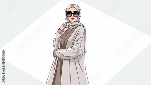 Stylish Muslim Woman Wearing Hijab and Sunglasses Fashionable Outfit.