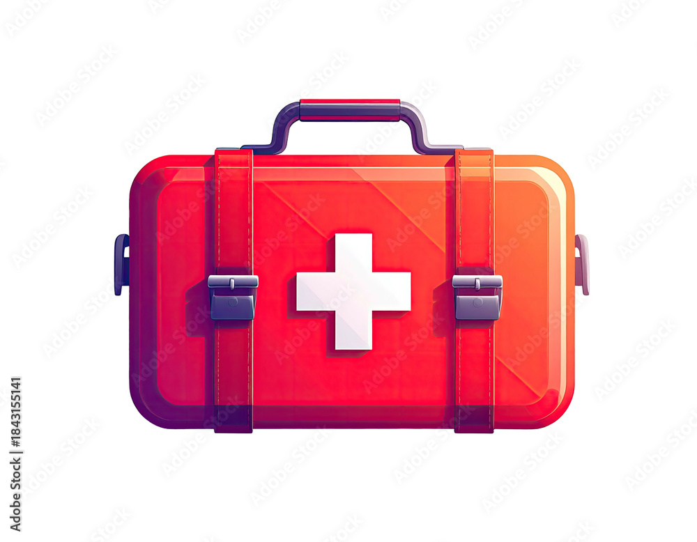 Fototapeta premium Red first aid kit with white cross, cartoonish style
