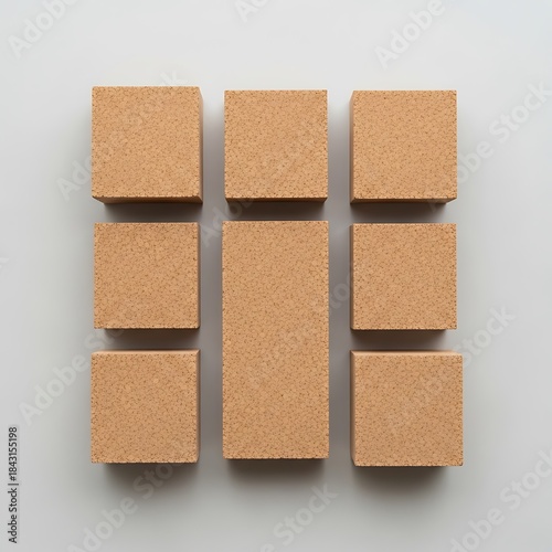 Squared cork composition arranged on a neutral surface from above, still-life