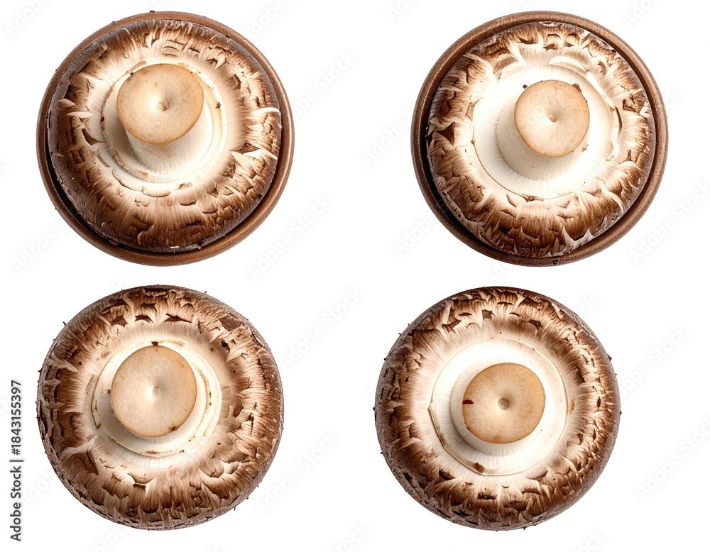 Fototapeta premium Four portobello mushroom caps, underside view, flat lay