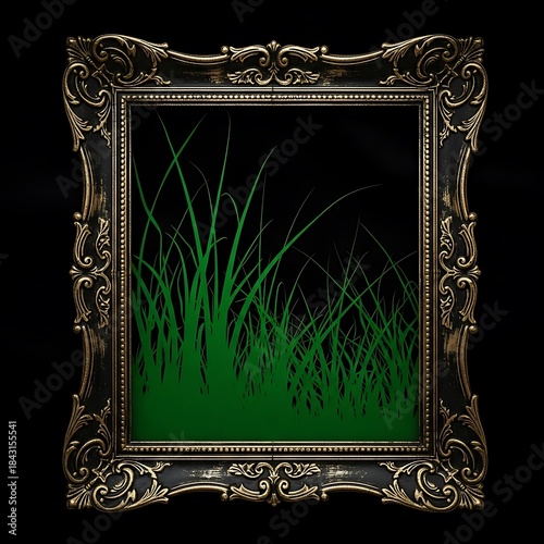 Verdant grass art framed with ornate gilded edging on solid black scene