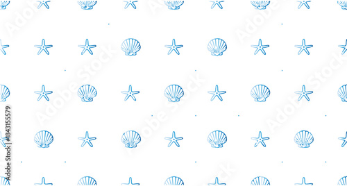 Seamless pattern of blue gradient starfishes and seashells on a white background Keywords: pattern, seamless