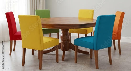 Vibrant dining space featuring a round wooden table and colorful chairs