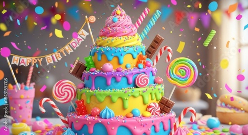 A vibrant, multi-layered birthday cake adorned with colorful sprinkles and candies, with confetti falling around it.