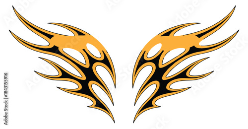 Stylized Tribal Flame Wings Design in Black Orange and Yellow on White Background